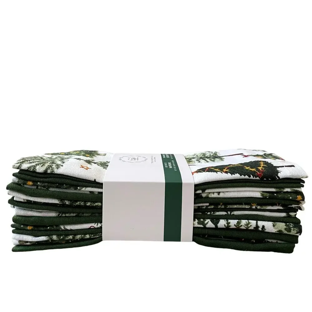 Rachel Ashwell Farmhouse CHRISTMAS TREE Cotton Napkins 12pc Green White New